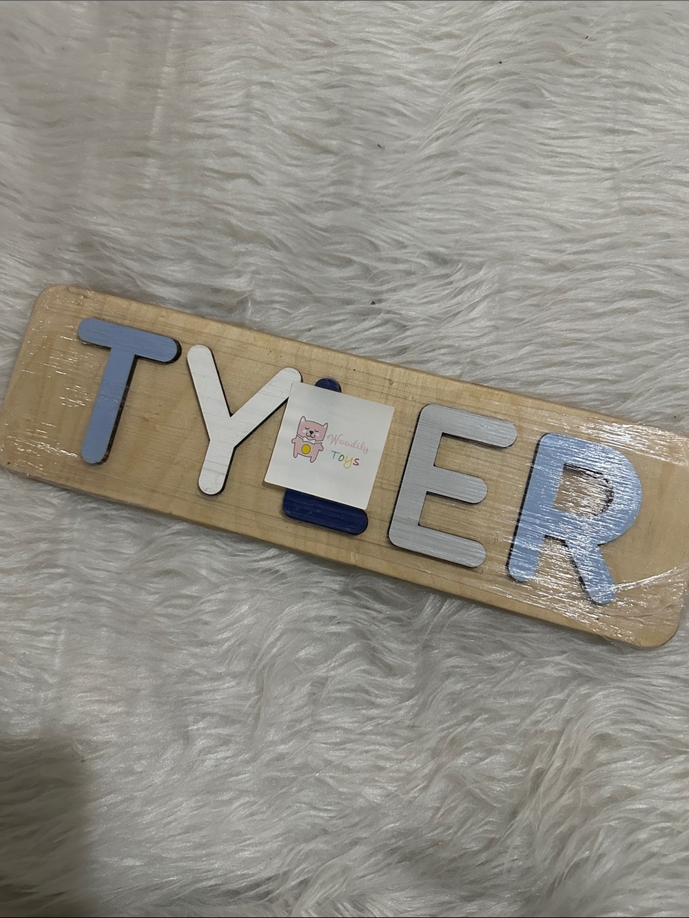 Wooden TYLER Name Puzzle Wall Sign - Blue & White Letters